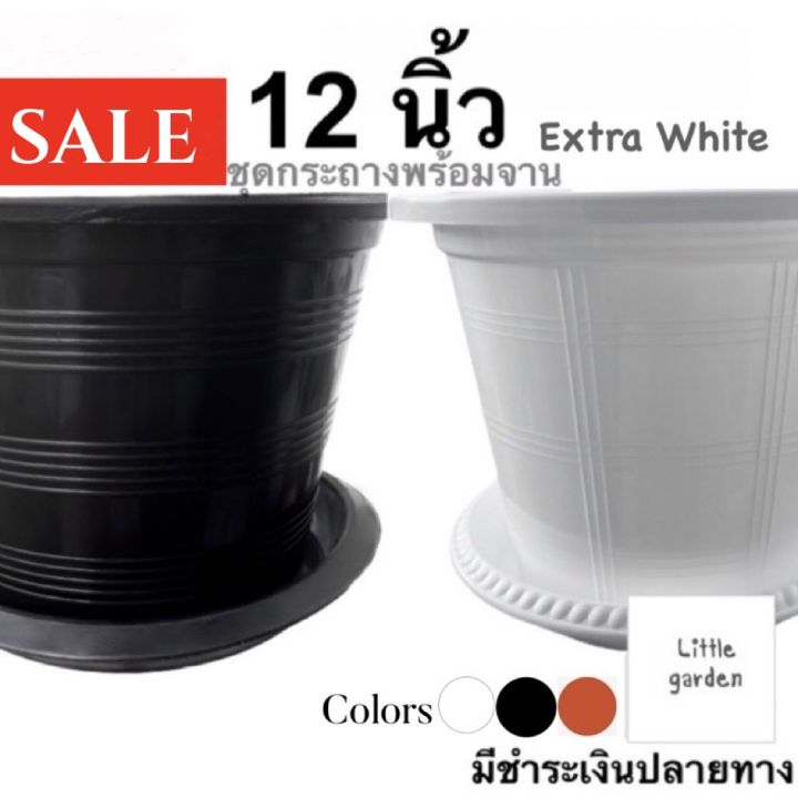 ชุดกระถางพร้อมจาน 12 นิ้ว(พร้อมจาน 10 นิ้ว)(สีขาวออร่าA+🤍) (ดำเงาA+🖤 ...
