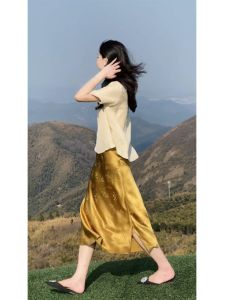 Fashionable Chinese Style Half Skirt And T-Shirt Set Womens Summer Outfit High Waist A-Line Skirt Short Sleeve Comfortable