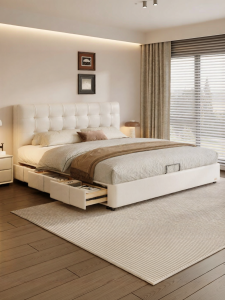 Storage Double Bed with French Retro Style Leather Waffle Design