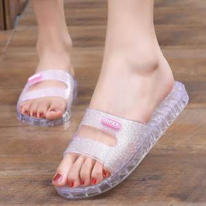Ladies Crystal Jelly Slippers Transparent Flat Heel Anti-Slip Soft Bottom Sandals Home Indoor Bathroom Bathing Slippers