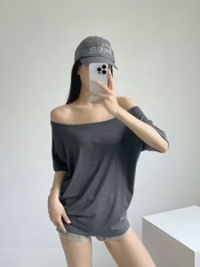 Zhang Yiyi Same Style Loose and Lazy Style Two-Way T-shirt Womens Summer off-Shoulder Slimming Thin Stylish Short Sleeve Tops