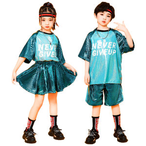 ชุดเต้นรำแจ๊สเลื่อมสำหรับเด็กฮิปฮอปเสื้อผ้าแนวสตรีทชุดเชียร์ลีดเดอร์ ชุดการแสดง 4-16ปี