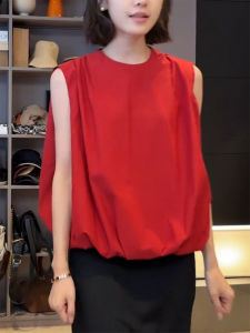 QINGNAER | Elegant and Trendy Plus Size Summer 2025 Red Round Neck Sleeveless Top Blouse