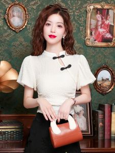 Summer New Chinese Style Bubble Sleeve Button Short Sleeve T-Shirt Women Slimming Design Top Korean Version Creative Pattern