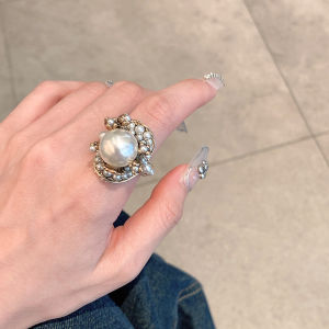 Exaggerated Pearl Flower Ring Womens Fashionable Korean Style Ring Elegant Simple Index Finger Ring Jewelry Accessory