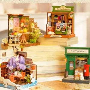Rolife 4types DIY Miniature House Post Office/ Fancy Tea Yard/Sea Holiday Restaurant/Muse Bookshop Gift Girls Boys Kids