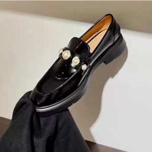 British Style Genuine Leather Thick Bottom Slip-On Loafers Womens Fashion Single Shoes Commute Pearls Spring Autumn New Model