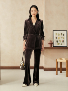 Spring Neo-Chinese Style Velvet Belted Notched Collar Suit Jacket