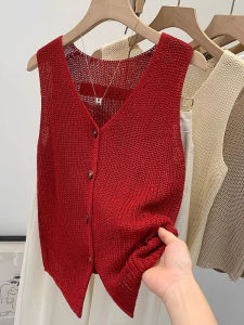 เสื้อกั๊กถักแบบบางคอวีเปิดหลังแบบบางแขนกุดสำหรับผู้หญิงในช่วงฤดูร้อนปี 2025 สไตล์ใหม่ เสื้อผ้าทำงานสไตล์สตรีทที่สวมใส่สบาย