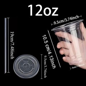 50PCS Disposable Plastic Cup with Lid and Straw Disposable Clear Cups Suitable for Party Smoothies Coffee Cold Drinks Container
