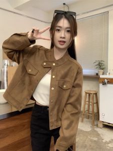 Café Brown Suede Leather Jacket Womens Spring Autumn Design Sense Niche Short Motorcycle Style Top Straight Tube Shape