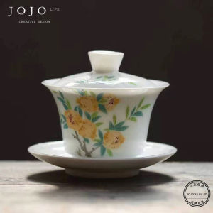 Sweet White Glazed Bowl Tea Cup Thin Walled Three Elements Kung Fu Tea Set by Purple Spring Gap Hand Drawn Illustration Ceramic