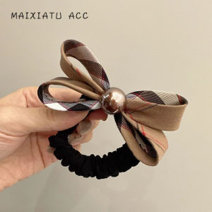Elegant Plaid Butterfly Knot Pearl Hair Ties for Women High Elasticity No Dents Fresh out Original Design Hair Bands