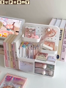 💖SG local stock💖Book Stand Desk Organiser Pen Holder Storage box with drawer pegboard board rack Cosmetic Brush Holder