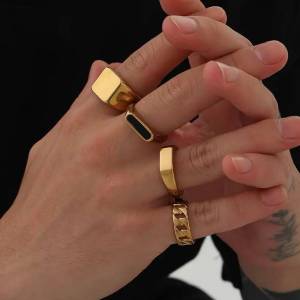 KunJoe Punk Rock Smooth Gold Color Square Stainless Steel Finger Ring for Men HipHop Black Oil Chunky Rings Party Street Jewelry