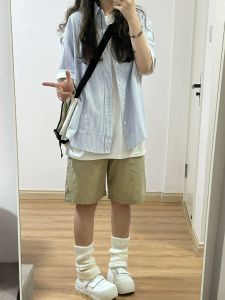 ลำลอง สีกากี ชุดทํางานห้าปุ่ม กางเกงขาสั้น ผู้หญิง ฤดูร้อน ใหม่ หลวม Bf Lazy Wide Leg Straight Tube Mid-pants High เอว ผ้าฝ้าย