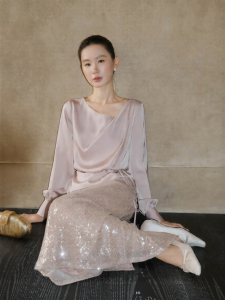 XXNING | Chân Váy Vintage Buộc eo Gợn Bóng