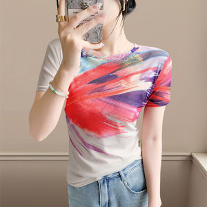 YIMEI เสื้อยืดแขนสั้นพิมพ์ลายตาข่ายสำหรับผู้หญิงเสื้อสลิมฟิตอีลาสติกคอกลมสวยงามสไตล์ยุโรป2025