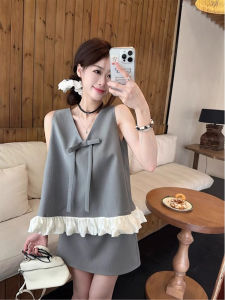 XUECAIQI | Gray Bow V-Neck Suit Vest and A-Line Skirt Set