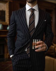 Smart Casual 2 Piece Mens Black Striped Men Suit Business Suit Slim Fit Notch Lapel Suits For Wedding Party Prom(Blazer+Pants)