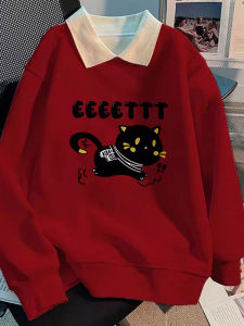 เสื้อสเวตเตอร์คอโปโลสีแดงบุขนแกะหนาสำหรับผู้หญิง เสื้อคลุมกันหนาวแบบอวสีไซส์ใหญ่ ทรงหลวม แขนยาว ปกโปโล แฟชั่นฤดูใบไม้ร่วง/ฤดูหนาว