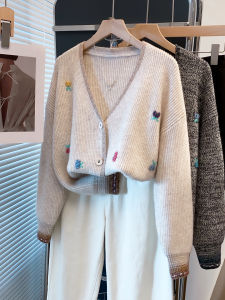 JIANDIYA | Áo Cardigan Knit Thêu Tay Cổ V Rộng