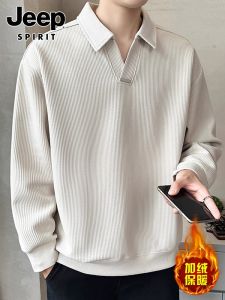 Jeep Spirit Mens Fleece Lined Thickened Long Sleeve Hoodie Casual Style Winter Fashionable Versatile Collared T-Shirt for Youth