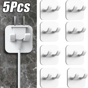 5pcs Wall Mount Punch-free Power Cord Storage Rack Hooks Multi-Function Adhesive Plug Hooks Power Plug Socket Hanger Holder Bathroom Kitchen Storage Hook