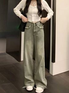 Retro American Straight Leg Denim Jeans Womens Autumn New Style Faded Washed Design Sensation Frayed Wide Leg Pants