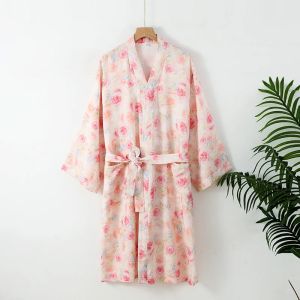 2026 New Spring/Summer Womens Sleeping Robe 100% Cotton Gauze Thin Bathrobe Large Loose Japanese Kimono Robe Home Clothing