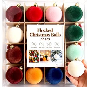 30Pcs New Christmas Baubles Velvet Multicoloured Flocked Christmas Baubles Christmas Tree Ornaments Festive Decorative Baubles