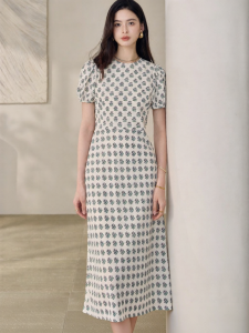 Roey s house | French Style Floral Print Round Neck Puff Sleeve Midi Dress