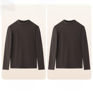 MiiOW | High-End Knitted Long Sleeve Half-High Collar Base Shirt For Women Coffee Color Ribbed Thickened Polyester And Spandex Blend