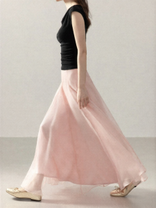 Cantonstory | French Style Pink Tulle High Waist A-Line Skirt