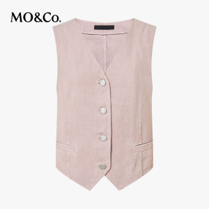 MO&Co. | Pink Brown Stonewashed Long-Staple Cotton Linen Short V-Neck Denim Vest