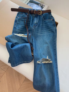 Blue Ripped Narrow Straight Soft Denim Pants High Waist Wide Leg Loose Women Summer Thin Model Long Trousers Commute Style