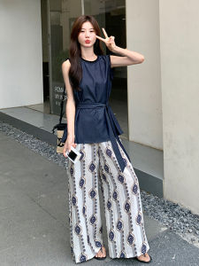 YINLUOYA | Summer Fashionable Print Sleeveless Two-Piece Set Korean Style Wide Leg Pants Casual Loose Fit Round Neck Vest For Women