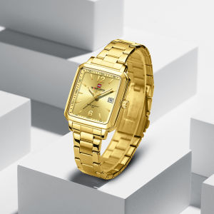 NAVIFORCE Original Watch for Men Calendar Quartz Movement Luminous Hands Gold Stainless Steel Strap 3ATM Waterproof Square Dial Fashion Casual Mens Fashion Watch NF9252G