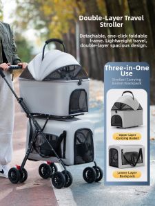 Light Foldable Double-Decker Large Capacity Detachable Outdoor Pet Stroller for Small Dogs