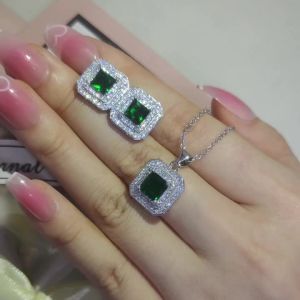 Silver Color Luxury Turkish India African Jewelry Set Zircon Stud Earrings and Necklace Pendant Wedding Gifts E668-x503-green