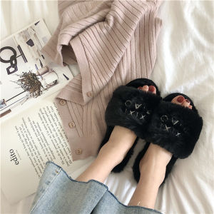 Thin Strip Net Red Same Style New Autumn and Winter Korean Style Fashion Fluffy Slippers Female Outdoor All-Matching Thick-Soled Cotton Slippers