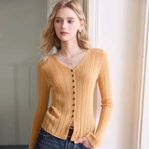 3COLOUR·S | Short Sleeve V-Neck Lace-Knit Top Tencel and Linen Blend M