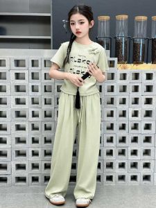 ชุดกางเกงขากว้างสไตล์จีนสำหรับเด็กผู้หญิง ชุดสองชิ้น ฤดูร้อน 2024 แฟชั่นสไตล์เกาหลี คอตตอน แขนยาว กระดุม