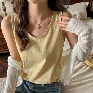 Áo Ba Lỗ Không Tay Dáng Rộng Mùa Hè 2025 Áo Ba Lỗ Nữ Cổ Chữ V Màu Vàng Áo Ba Lỗ Cơ Bản Áo Ba Lỗ Không Tay Mùa Hè