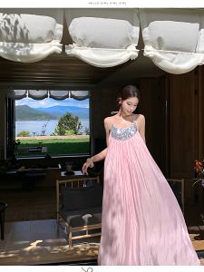 Pink Off-Shoulder Beaded Dress for Holiday Wedding Dresses Lightweight Polyester Spring Summer Autumn High Waist A-Line Skirt