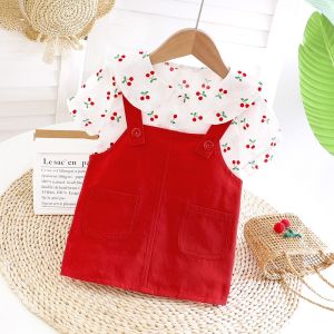 Anak anak Anak perempuan Kemeja cetak ceri rok bertali Kapas Baju Katun Pakaian Setelan