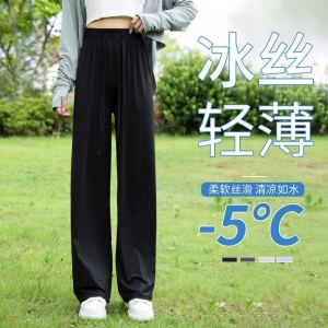 สูง เอว ขากว้าง Drapey กางเกง ผู้หญิง ผ้าไหมน้ําแข็ง ลำลอง สูง เอว ฤดูร้อน ฤดูใบไม้ผลิ ฤดูใบไม้ร่วง หลวม Fit Straight Cut กางเกงขายาว