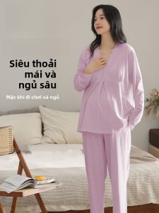 MiiOW | Bộ đồ ngủ cotton nguyên chất có đệm ngực cho bà bầu và sau sinh MiiOW Váy ngủ dài tay cổ chữ V thoải mái cho phụ nữ trẻ