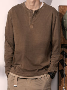 Retro American Washed Pure ผ้าฝ้าย แขนยาว Henry ปกเสื้อ เสื้อยืดผู้ชายสีทึบสีกาแฟเสื้อด้านในสวมใส่ ระบายอากาศได้ดี หลวม Fit