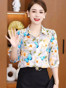 Summer Style Womens Shirt Design Sensation Niche Ageless Elegance Korean Version Straight Cut Seven Sleeve Length Collared